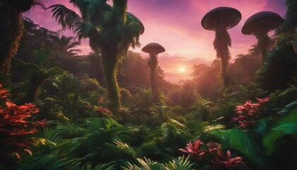 Lush Alien Jungle, a lush and vibrant jungle on an alien planet, with unique flora and a bright