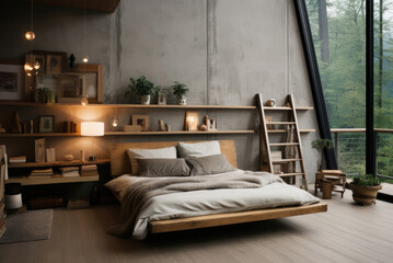 Light bedroom interior with windows, scandinavian accessories and beige sheets on a king-size bed