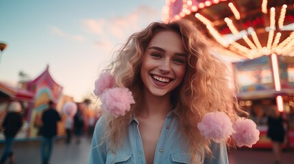 Fototapeta premium A young woman posing in front of the ferris wheel at the amusement park while holding pink cotton candy.