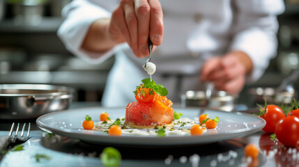 chef delicately places a garnish on top of a smoked salmon appetizer, with precise presentation in a professional kitchen