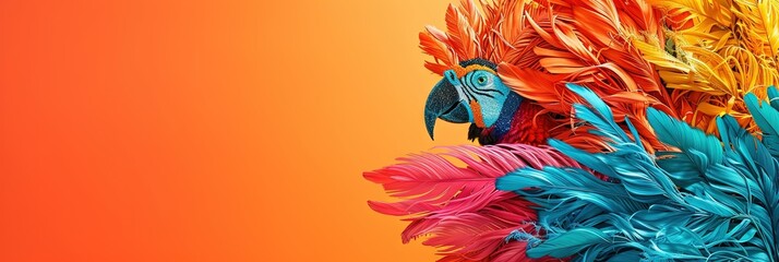 Parrot with Colorful leaves, petals, and feathers - vibrant abstract banner with copy space - obrazy, fototapety, plakaty