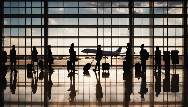 Silhouette of passengers waiting in front of the window at the airport and the airliner.
