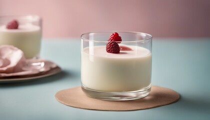Panna Cotta Perfection, a silky, white panna cotta in a glass, set against a soft, pastel background