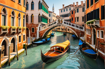 Fototapeta na wymiar Venetian Elegance: Traditional Wooden Boat Gliding Through Historic Canals. generative AI