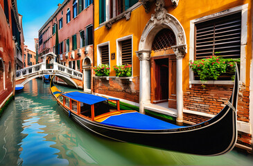 Venetian Elegance: Traditional Wooden Boat Gliding Through Historic Canals. generative AI