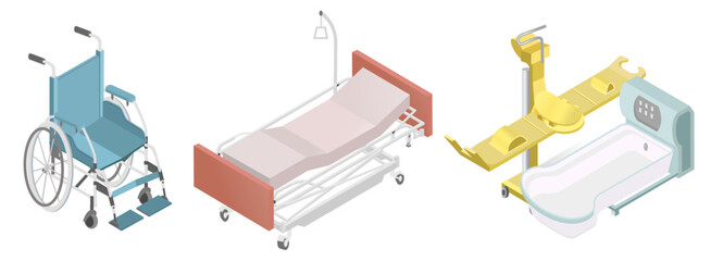 Hospital furniture isometric. Wheelchair, hospital bed, medical bathtub isolated vector illustration