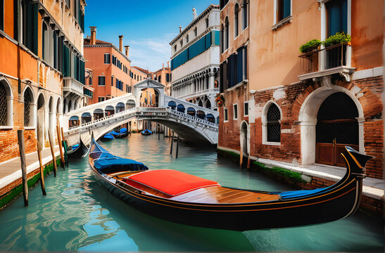 Venetian Elegance: Traditional Wooden Boat Gliding Through Historic Canals. generative AI