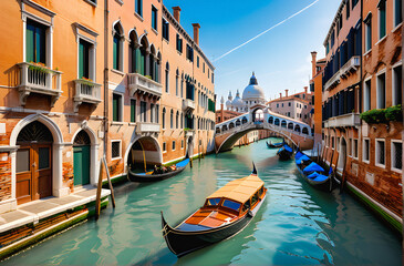 Fototapeta na wymiar Venetian Elegance: Traditional Wooden Boat Gliding Through Historic Canals. generative AI