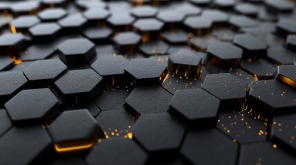 Obraz premium An optical illusion of interconnected grayscale hexagons, with golden squares appearing and disappearing as you gaze