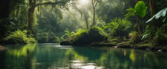 Rainforest Waterhole, a secluded waterhole in a dense rainforest, reflecting the lush greenery  - obrazy, fototapety, plakaty