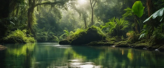 Fotobehang Reflectie Rainforest Waterhole, a secluded waterhole in a dense rainforest, reflecting the lush greenery 