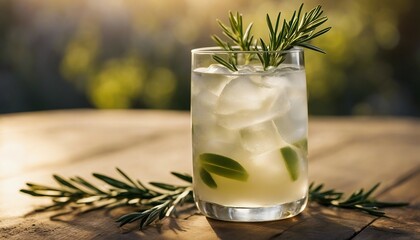 Rosemary Gin Fizz, a gin cocktail with a sprig of rosemary, the late afternoon light
