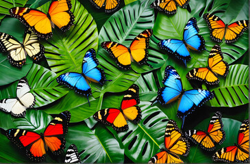 Butterfly Ballet: A Symphony of Elegance in the Enchanting Dance of Tropical Butterflies Amidst Lush Greenery. generative AI