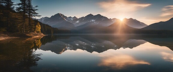 Serene Mountain Lake, a peaceful scene of a mountain reflected in a crystal-clear lake at dawn - obrazy, fototapety, plakaty
