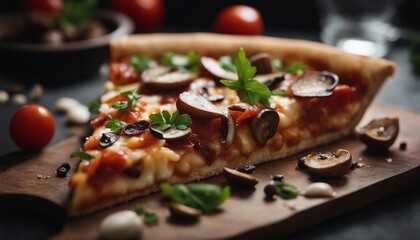 slice of vegetarian pizza with mushrooms, dark background, dim lights 
 - obrazy, fototapety, plakaty