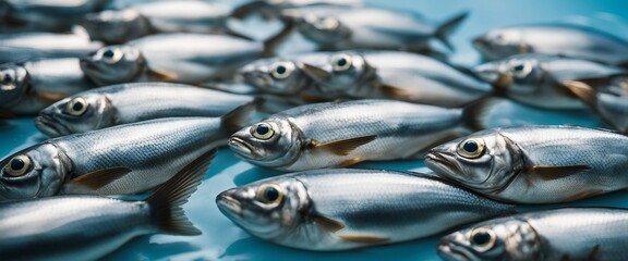 Obraz premium Silver Sardines, fresh sardines lined up with their shiny silver scales, set against a cool