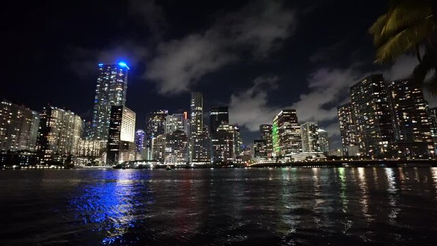 Miami downtown skyline at night 4k from Brickell Key