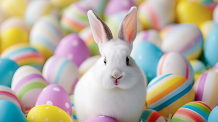 Easter Bunny Surrounded by Colorful Eggs in a Basket, a Cute Rabbit Toy Celebrating the Spring Season and Holiday Tradition, Colorful  background banner for website or ads, Easter illustration