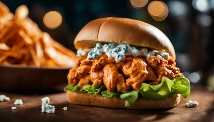 Foto auf Acrylglas Antireflex Spicy Buffalo Chicken Sandwich, a buffalo chicken sandwich with blue cheese dressing © vanAmsen