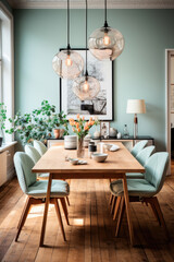 Wooden dining table with chairs in the dining room