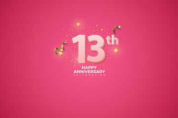13th, 13th Anniversary celebration, 13 Anniversary celebration in Pink BG, stars, glitters and ribbons, festive illustration, white number 13 sparkling confetti, 13,14