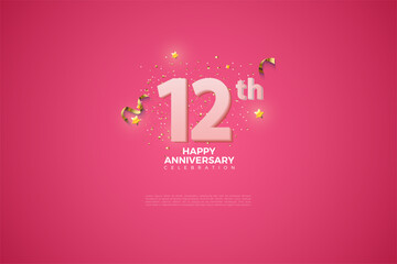 12th, 12th Anniversary celebration, 12 Anniversary celebration in Pink BG, stars, glitters and ribbons, festive illustration, white number 12 sparkling confetti, 12,13