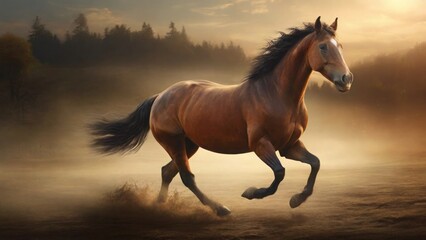 A brown mighty horse running in the field with sunset background