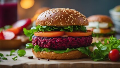 Veggie Burger Bliss, a colorful veggie burger with a variety of fresh vegetables