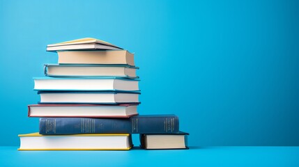 Books are being stacked on a wooden table with a blue background, ready for school.