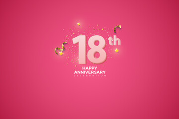 18th, 18th Anniversary celebration, 18 Anniversary celebration in Pink BG, stars, glitters and ribbons, festive illustration, white number 18 sparkling confetti, 18,19