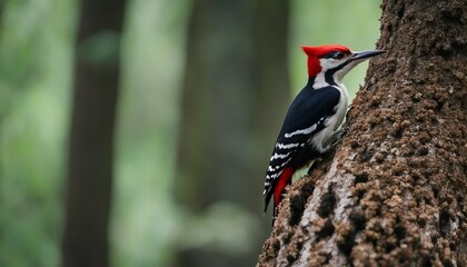 Woodpecker in Action, a woodpecker pecking at a tree, its bright red head standing out 