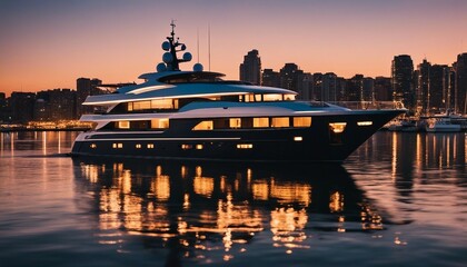  Yacht at Dusk in the City Harbor, a stylish yacht moored in a bustling city harbor as the city...