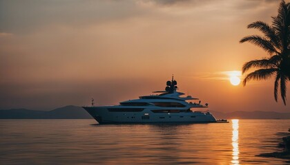 Yacht at Sunset in Mediterranean, a sleek modern yacht anchored in the calm Mediterranean Sea  - obrazy, fototapety, plakaty