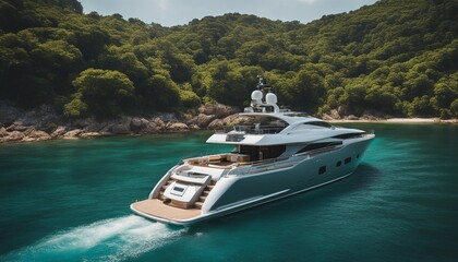 Yacht in a Secluded Cove, a contemporary yacht anchored in a serene and secluded...