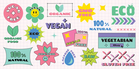 Set of Organic, Healthy, Sugar free, Vegan food retro stickers in trendy Y2K style. Lactose, GMO and Gluten Free vegetarian icons collection