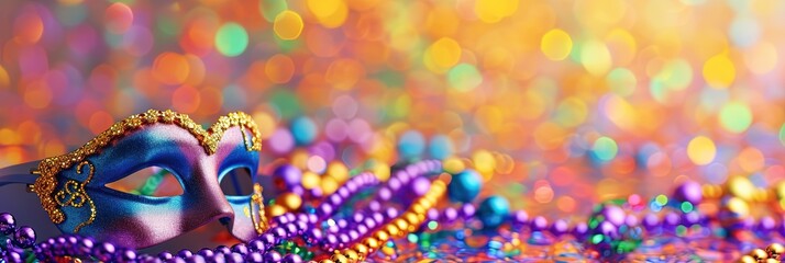 mardi gras decorations with bokeh background banner with copy space - obrazy, fototapety, plakaty