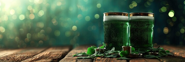 Green beers on a wood table with green background - irish st patrick's concept