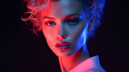 Close-up copyspace depicts a beautiful caucasian woman with trendy makeup and well-kept skin in a vivid style of beauty concept.