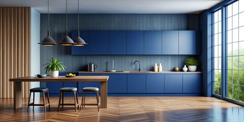 Mockup Dark Blue wall in kitchen and minimalist interior design. Open space kitchen concept. 3d rendering