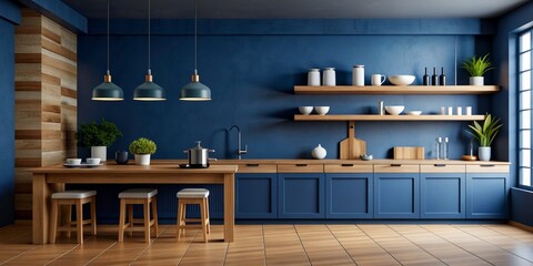 Mockup Dark Blue wall in kitchen and minimalist interior design. Open space kitchen concept. 3d rendering