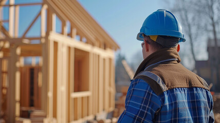 A builder in a helmet and uniform at the construction of a frame cottage. The concept of constructing wooden eco-friendly houses.