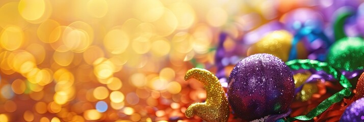 mardi gras decorations with bokeh background banner with copy space - obrazy, fototapety, plakaty
