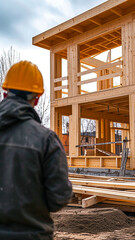 Construction worker in hard hat building a wooden frame house on a construction site