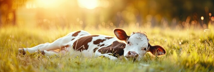 Animal (cow) laying out in the warm summer sun - obrazy, fototapety, plakaty