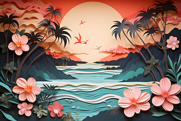 Fototapeta na wymiar Tropical paradise island paper cut background