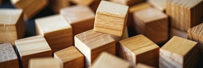 Wooden cube blocks in a pile - obrazy, fototapety, plakaty