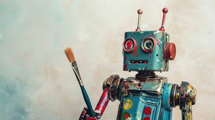 Robot holding a paint brush with copy space  - obrazy, fototapety, plakaty