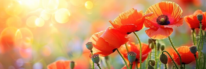 Colorful poppy flowers on panoramic banner