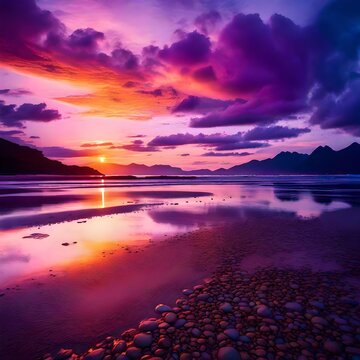 sunset over the river, A stunning image of a vibrant sunset with purple and blue clouds reflected on the wet sand during low tide. The sun is setting behind a distant mountain and the sky is glowing w