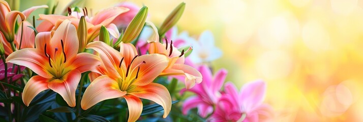 Colorful lilly flowers on panoramic banner - obrazy, fototapety, plakaty